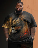 Men's Large Size Street Cartoon Color Block Lion Graffiti Short Sleeve Shorts Suit